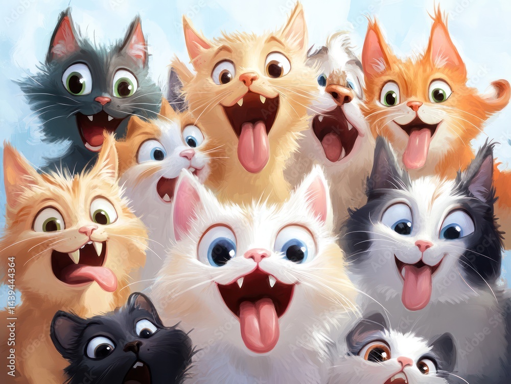 A group of cute cartoon cats with exaggerated expressions, funny animals concept