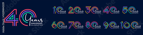 collection anniversary 10 to 100 year logo designs. abstract number for celebration event, wedding, greeting card, and invitation, vector illustration
