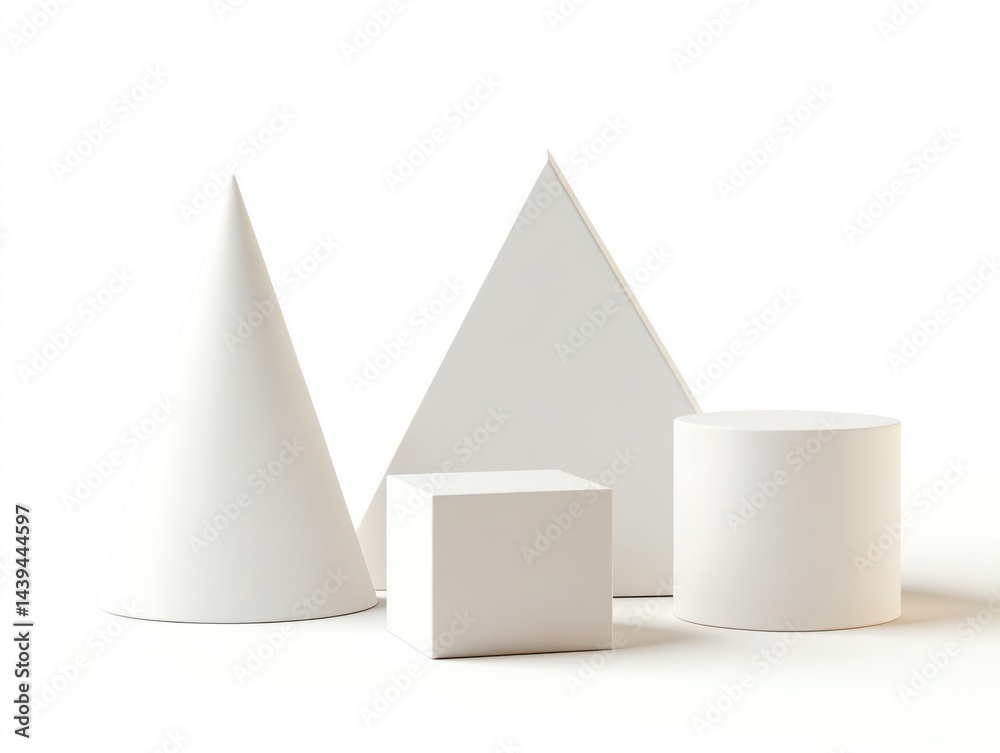 Architectural background with white matte sculpture of geometric objects