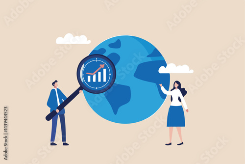 World economic analysis, global investment or international business opportunity research, forecast and analyze financial information concept, businessman with magnifier on globe with chart and graph.