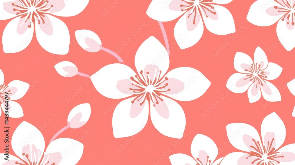Fototapeta premium Coral background with repeating cherry blossom pattern.