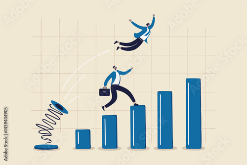 Competitive advantage or innovation to outsmart and overtake business winning, strategy or smart way to win business or career growth concept, businessman jumping springboard to outsmart competitor.