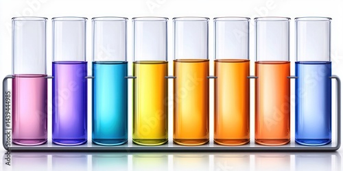 Colorful liquids in glass test tubes in a rack