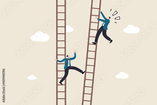 Jealous colleague or coworker envy for other being better or promoted, loser cheating competition or office politic dirty and dishonesty concept, businessman loser kick winner ladder to make him fall.