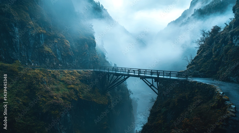 Fototapeta premium Misty Mountain Bridge: A Serene Landscape Photography
