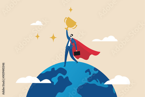 Business worldwide winner, achievement, victory or international success, win global competition, globalization business concept, businessman superhero with award prize trophy winner on planet earth.