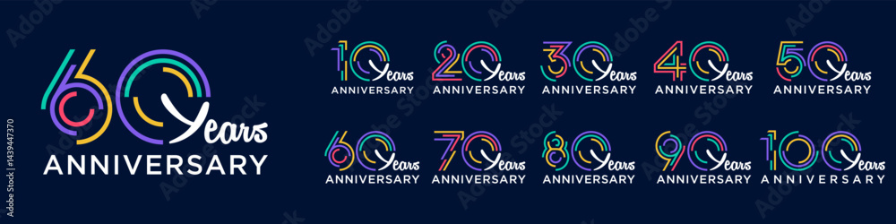 Fototapeta premium collection anniversary 10 to 100 year logo designs. abstract number for celebration event, wedding, greeting card, and invitation, vector illustration