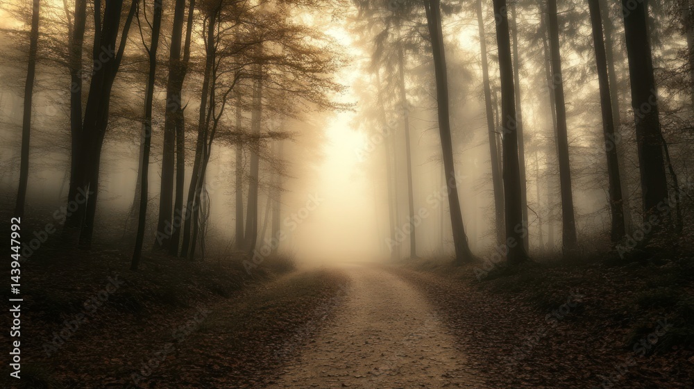 Fototapeta premium Misty Forest Path: A Serene Autumn Walk