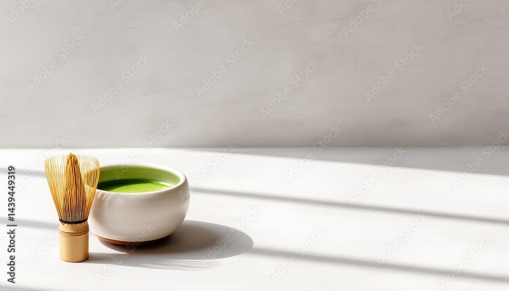 A serene display of matcha tea in a traditional bowl with a bamboo whisk. A serene display of matcha tea in a traditional bowl with a bamboo whisk.