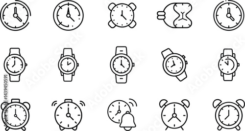 Clock and Watch Line Icons Collection - Time, Alarm, Timer, Stopwatch, Countdown