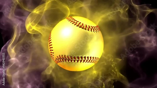 Golden softball fiery smoke background, sport graphic