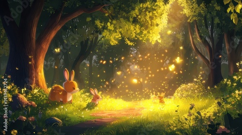A soft pastel flower template with minimal cartoon animals around the border, sparkling stars in the background, dreamy atmosphere