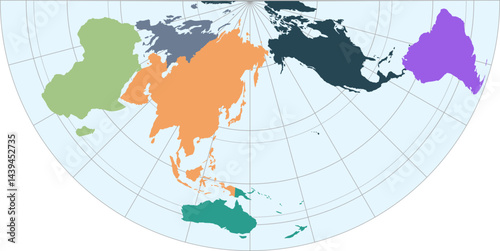 World vector map with continent boundaries and graticules in Asia-Pacific view (Leac projection, PPT-compatible, pre-colored & fully editable)