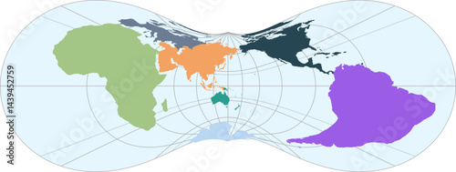 World vector map with continent boundaries and graticules in Asia-Pacific view (Roussilhe stereographic projection, PPT-compatible, pre-colored & fully editable)