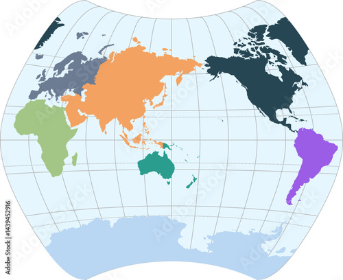 World vector map with continent boundaries and graticules in Asia-Pacific view (Larrivee projection, PPT-compatible, pre-colored & fully editable)