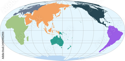 World vector map with continent boundaries and graticules in Asia-Pacific view (Kav5 projection, PPT-compatible, pre-colored & fully editable)