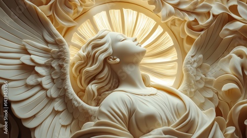 A serene angel statue with large wings is depicted in exquisite detail against a radiant backlit circular halo showcasing elegant carved ornamentation.