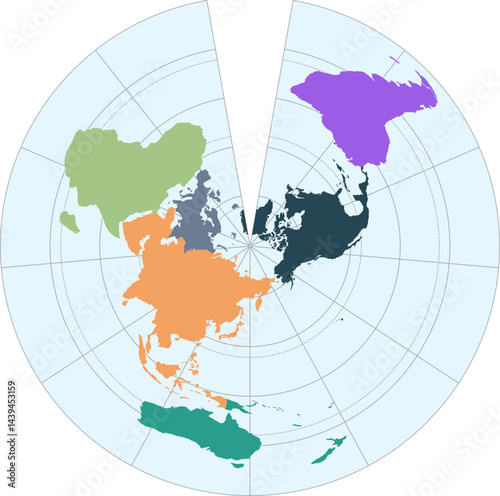 World vector map with continent boundaries and graticules in Asia-Pacific view (Euler projection, PPT-compatible, pre-colored & fully editable)