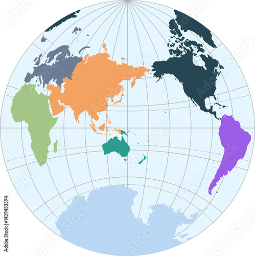 World vector map with continent boundaries and graticules in Asia-Pacific view (Van Der Grinten II projection, PPT-compatible, pre-colored & fully editable)