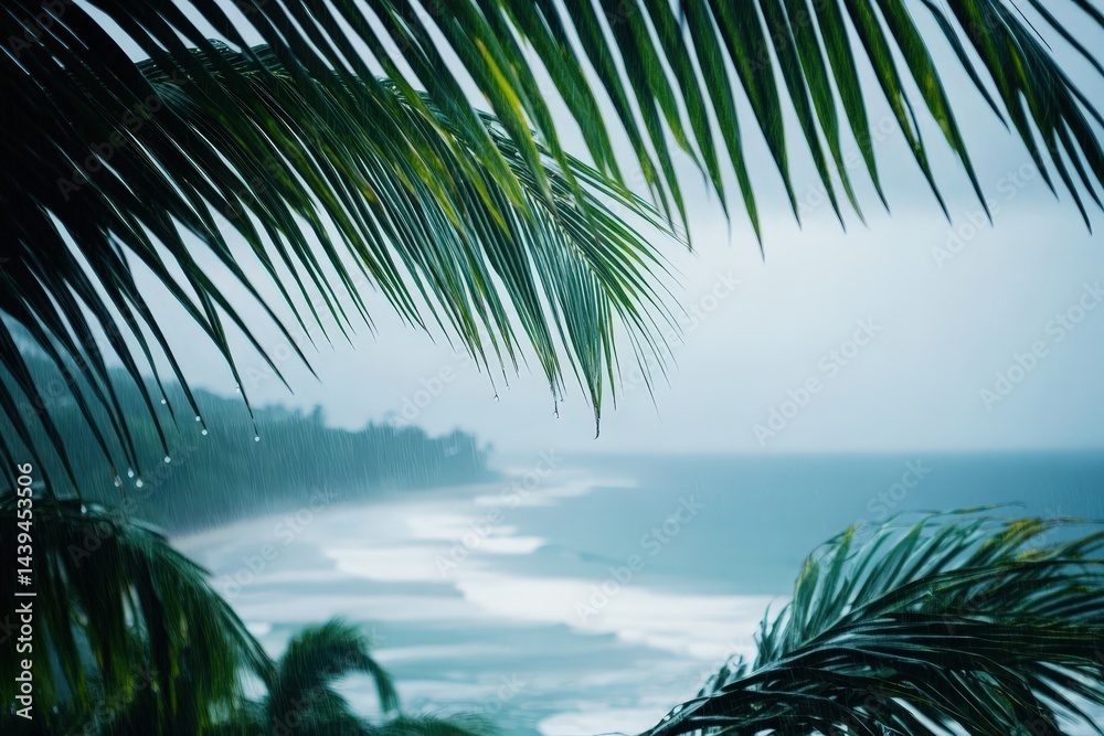 Fototapeta premium Rain-Soaked Palm Leaves Overlooking Foggy Ocean Beach at Dusk