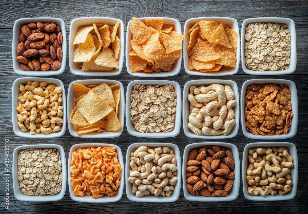 Variety of Healthy Snacks Including Nuts, Chips, Oats, and Crunchy Treats in White Bowls on a Wooden Table Variety of Healthy Snacks Including Nuts, Chips, Oats, and Crunchy Treats in White Bowls on a Wooden Table