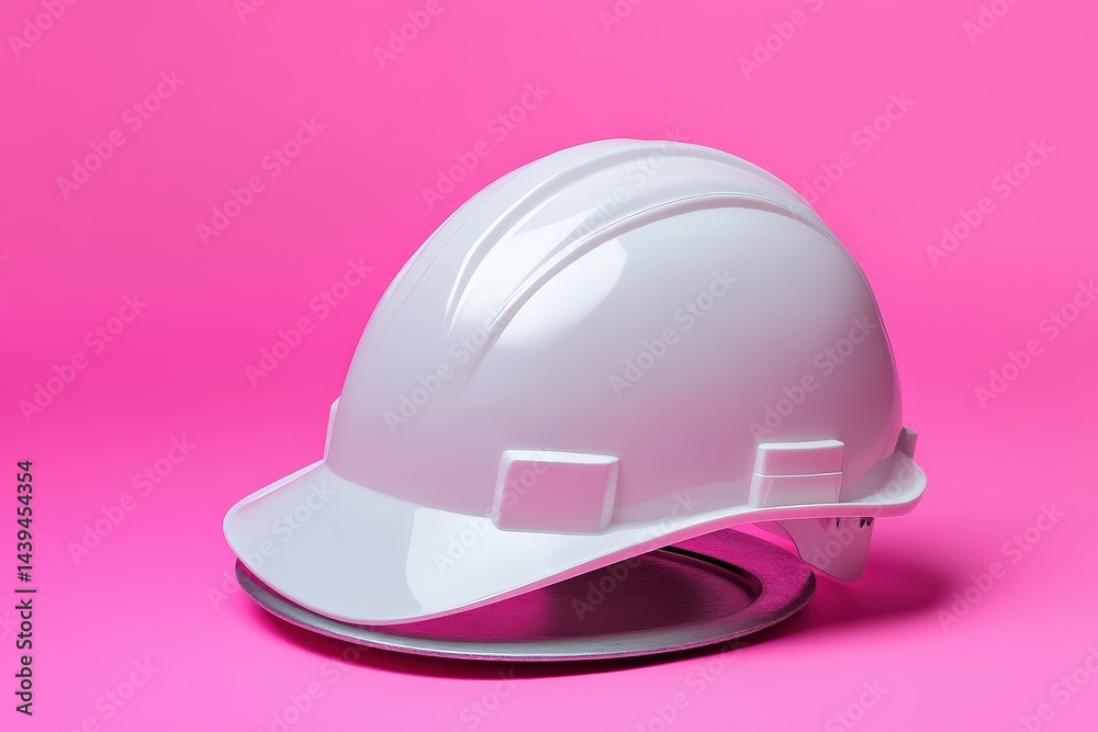 Fototapeta premium White safety helmet positioned on a pink backdrop.