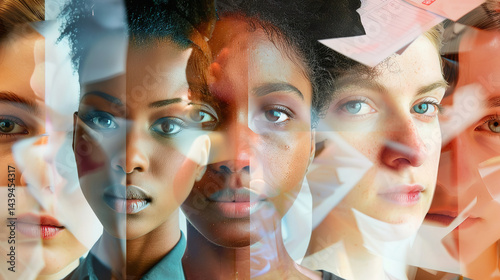 A digital composite image showing multiple overlapping faces of diverse people against a backdrop of binary code and tech elements, symbolizing the intersection of humanity and technology.
