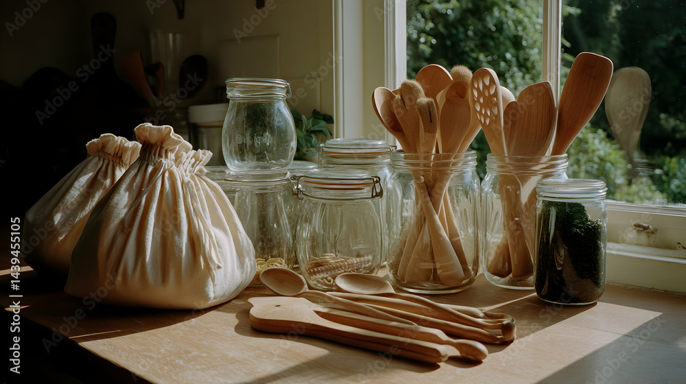 Bright Zero Waste Kitchen Interior with Glass Jar Organization