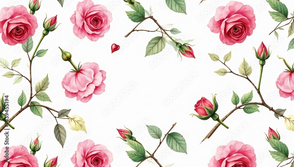 Fototapeta premium Delicate watercolor rose buds & leaves, repeating pattern, flower, pattern, red