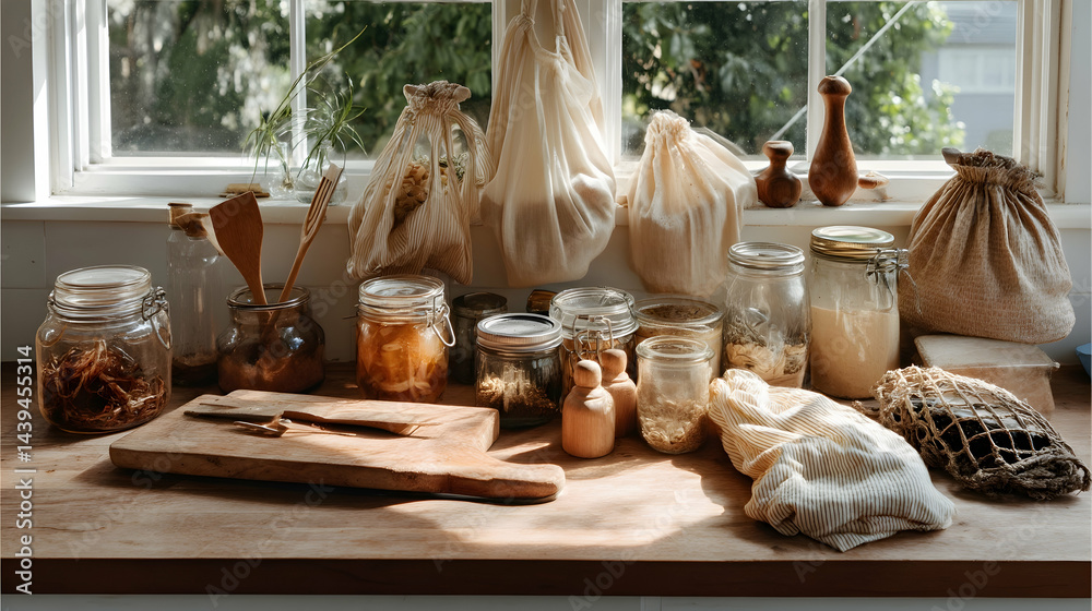 Zero Waste Kitchen Corner Displaying Glass Jars and Natural Materials