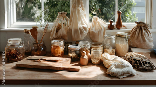 Obraz na płótnie Zero Waste Kitchen Corner Displaying Glass Jars and Natural Materials w salonie