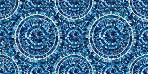 Seamless pattern blue Circular Mosaic. Decorative Antique Stone Ornament.