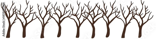 Bare, brown trees without leaves stand in a row, simplistic design