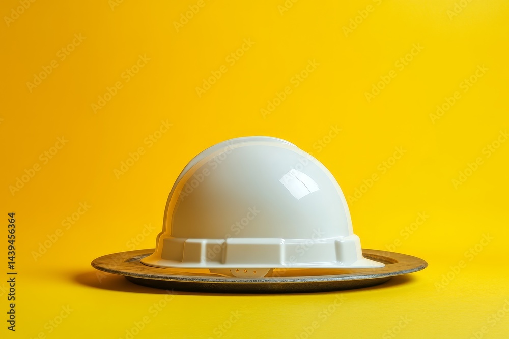 White safety helmet on a metal tray against a bright yellow background. White safety helmet on a metal tray against a bright yellow background.