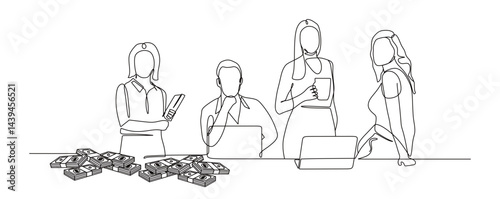 one continuous line of man and woman are having a meeting and discussing at the desk with piles of money. vector illustration