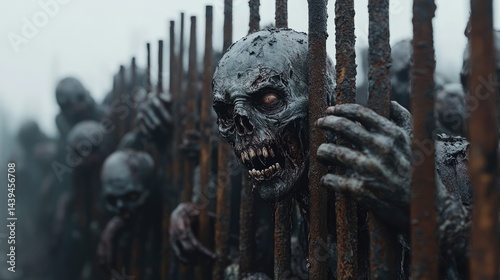 Horde of zombies at a rusted metal fence, decayed fingers reaching through as thick. Post-apocalyptic chaos, filled with death and zombies.