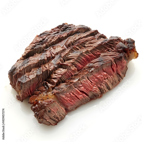 Delicious grilled steak sliced medium rare juicy beef steak on white background food photography close up view on transparent background