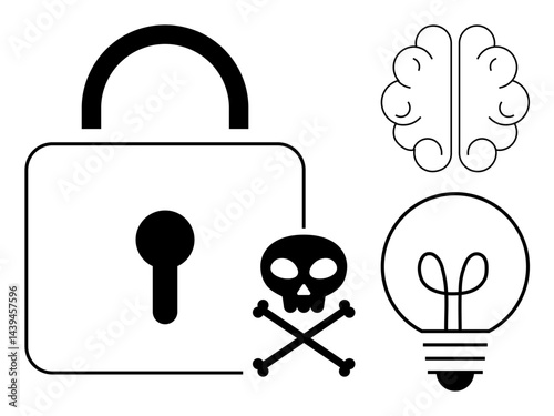Padlock symbolizing security, skull representing danger, brain for intelligence, and lightbulb for creativity. Ideal for cybersecurity, innovation, safety, problem-solving, intellectual property