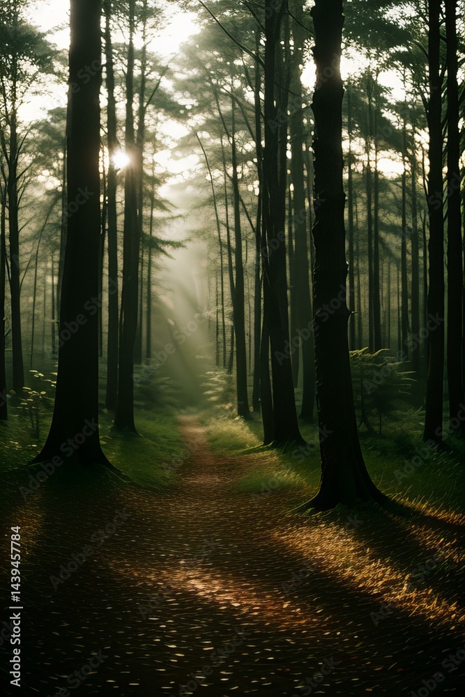 Fototapeta premium Blurred background of a forest with morning light bokeh.