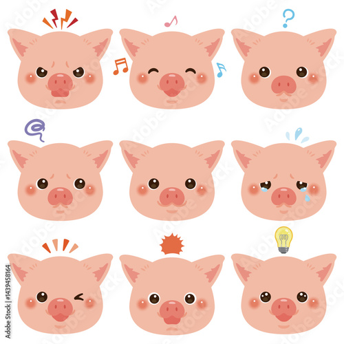 ブタのイラストセット　顔表情のみ