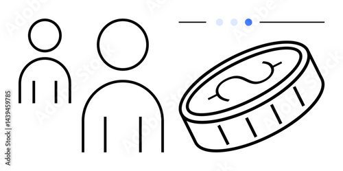 Two human figures, tilted coin with dollar symbol, progress indicator bar. Ideal for finance, teamwork, collaboration, investment, business planning, decision-making simple landing page