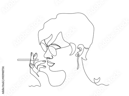 Abstract girl, woman with cigarette,continuous single line art hand drawing sketch logo