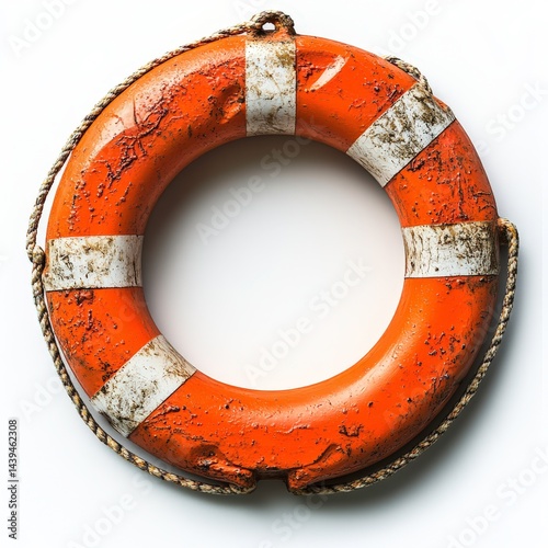 Bright orange life preserver hanging against a white wall, showing signs of wear and tear