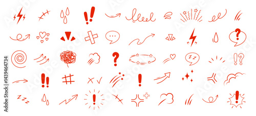Anime Emotion effect. Collection of arrows, hearts and speech bubble. Doodle Vector illustration in red colors.