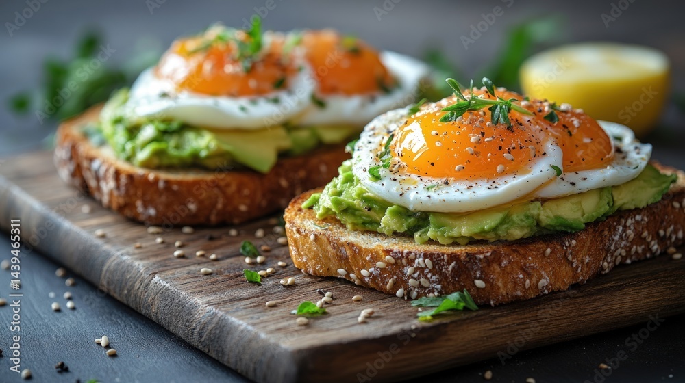 Two slices of avocado toast topped with poached eggs, herbs, and spices Two slices of avocado toast topped with poached eggs, herbs, and spices