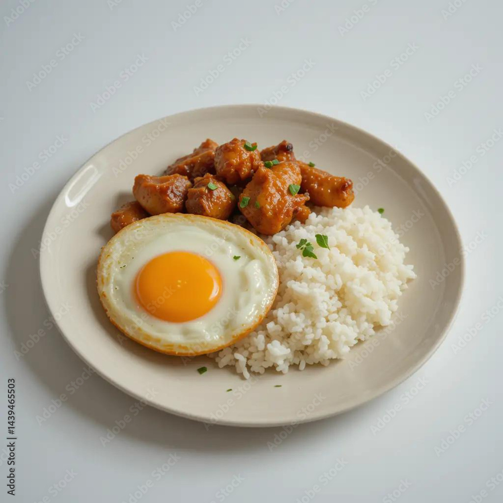 Serving Rice with Fried Egg and Orange Chicken on Plate Serving Rice with Fried Egg and Orange Chicken on Plate