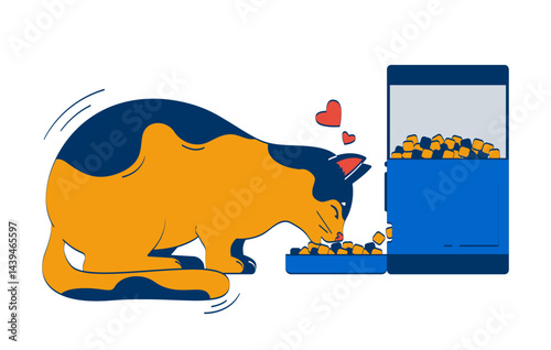Cat lovingly eating from automatic feeder 2D doodle character. Smart pet care. Feeding automation. IoT device feline cartoon animal vector drawing isolated on white. Hand drawn illustration colorful