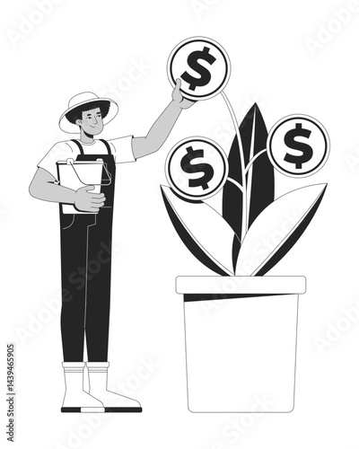 Latino man farmer growing coin plant 2D line character. Nurturing financial investment. Gardener tending sprouting money in pot isolated vector ink outline person. Monochromatic spot illustration
