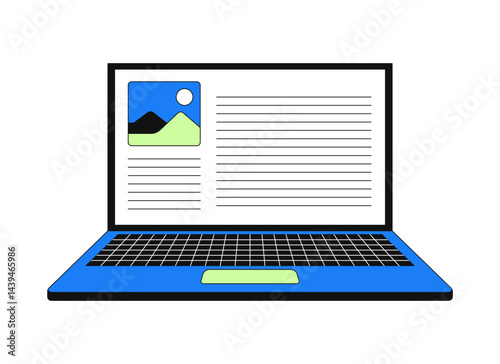 Open laptop with webpage content 2D cartoon object. Digital publishing. Notebook displaying web page layout blog article isolated element flat vector clip art on white. Spot illustration