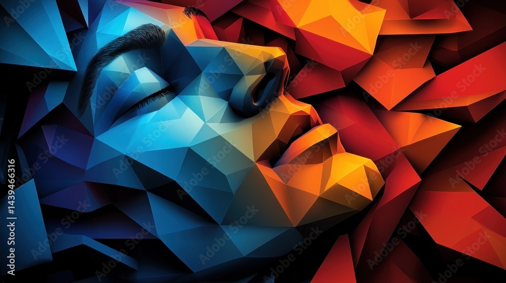 Obraz premium Geometric woman's face, abstract polygonal style, vibrant colors, relaxing pose